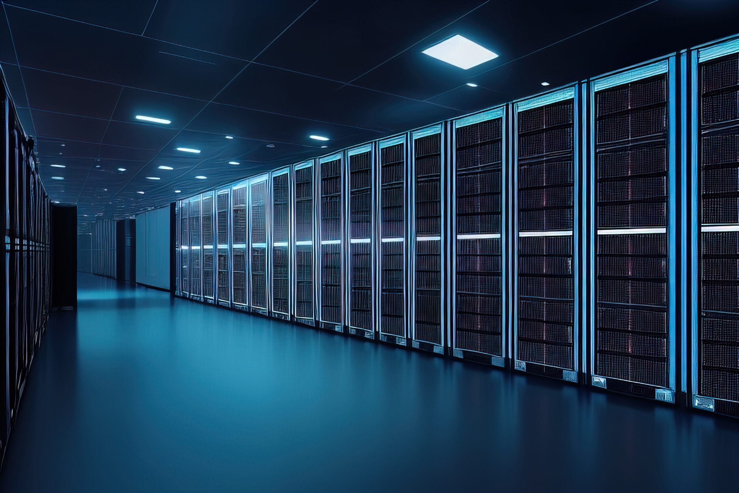 server racks computer network security server room data center d render dark blue generative ai scaled